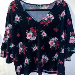 Express Women’s Black Blouse with Red and Pink floral print (SMALL)